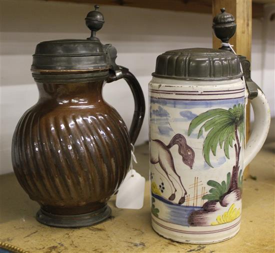 18C stoneware fluted jug & a German faience polychrome-decorated stein (both pewter-mounted, initialled & dated to covers)